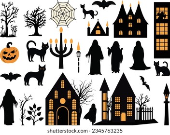 Halloween collection. Set of Halloween black and orange vectors Vector illustration. Isolated on white background. Includes pumpkin, bat black cats, Halloween tree, ghost and horror house. 