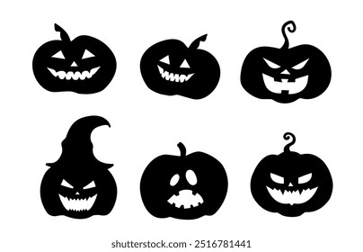 Halloween collection set for decoration. Stickers print with pumpkins. Vector illustration, silhouettes isolated on white background. Jack o lantern pumpkin