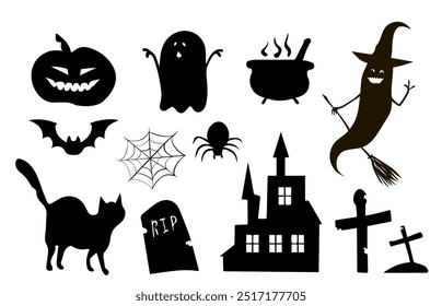 Coleção de Halloween para decoração. Os adesivos são impressos com fantasmas, abóbora e conjunto de bruxas. Ilustração vetorial, silhuetas isoladas sobre fundo branco. Jack o lanterna abóbora