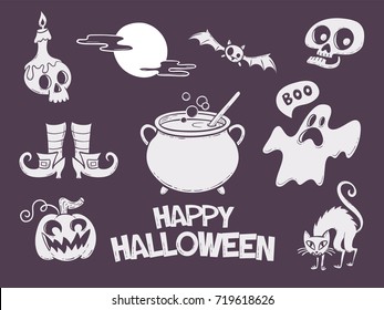 Halloween collection. Set of hand drawn decorative halloween elements. Perfect for stamps, stickers and transfers. Vector illustration.