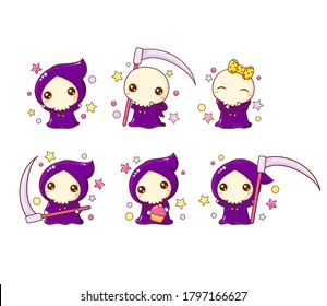 Halloween collection. Set of kawaii little grim reaper. Cute death with scythe in various poses, with cupcake, funny bow on skull. Vector EPS8