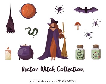 Halloween collection vector elements. Witch, cauldron with poison, spiders, poison jars, jar with eyes, jar with snake, candle, eye balls, bats. Trick or treat design. For poters, flyers, web designs.