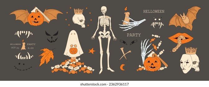 Halloween. Collection of vector icons and elements for Helloween greeting card and poster, party sign. Flat design cartoon element.