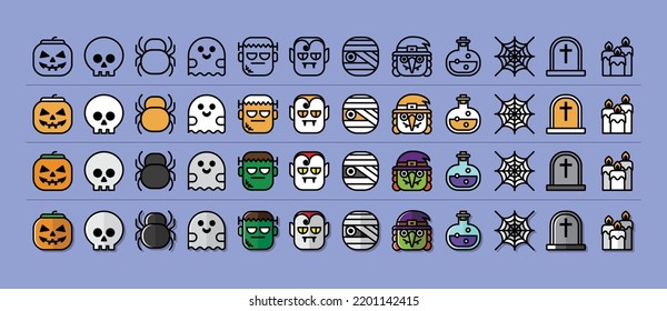 Halloween collection of vector icons in various styles with elements such as pumpkin, skull, spider, ghost, vampire, witch, potion, tombstone and candle