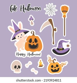 Halloween collection vector stickers. Cute rabbit character in witch hat with lantern pumpkin Jack, cobweb, skull, witch hat with spider and scythe and broom. Isolated elements for decor, design