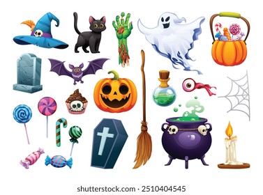 Halloween collection with witch hat, black cat, ghost, cauldron, pumpkin, and candies. Vector cartoon illustration