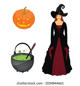 Halloween collection. Witch, pumpkin and boiling kettle. Vector
