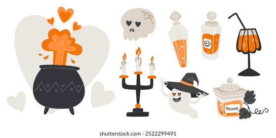 Halloween Collection of Witchy Elements with Cauldron, Skull, and Ghostly Charm