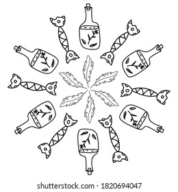 Halloween coloing books for children and adults. Halloween round frame with magic potion, candies and feather in vector. Anti stress coloring page with small details.
