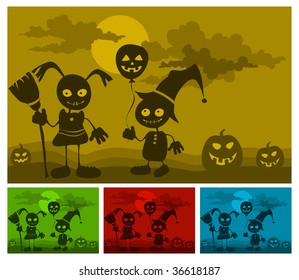 Halloween color background, smiling children with pumpkins, vector illustration