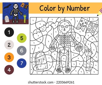 Halloween Color By Number Game For Kids With A Skeleton. Spooky Coloring Page. Printable Worksheet With Solution For School And Preschool. Vector Illustration