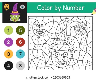 Halloween Color By Number Game With A Funny Witch. Spooky Coloring Page For Kids. Printable Worksheet With Solution For School And Preschool. Vector Illustration