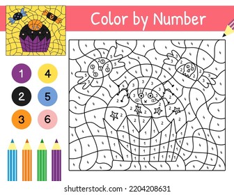 Halloween color by number game with a cute spider on cupcake. Trick or treat coloring page for kids. Printable worksheet with solution for school and preschool. Vector illustration