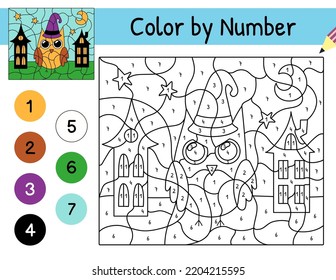 Halloween color by number game with owl in a hat. Spooky character coloring page for kids. Printable worksheet with solution for school and preschool. Vector illustration