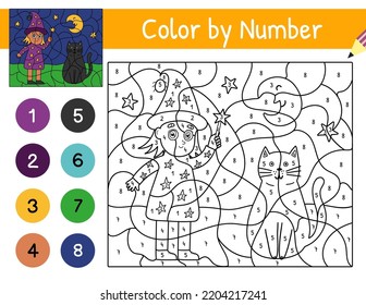 Halloween color by number game with cute witch and cat. Trick or treat girl in magician costume coloring page for kids. Printable worksheet with solution for school and preschool. Vector illustration