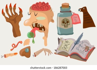 Halloween color funny set with bottle, zombie, magical book and other, VECTOR