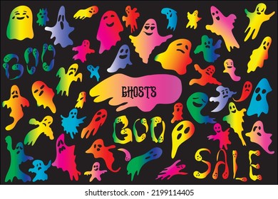 Halloween color ghosts. Doodle designs on black background. Bid hand drawn isolated set for Halloween decorations, stickers, cards,  t-shirts, mugs, backgrounds.