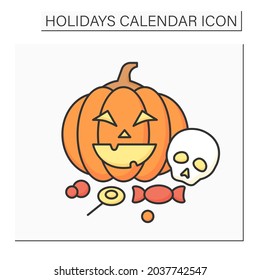 Halloween color icon. October 31.Children carve pumpkins,decorate homes.Dressing costumes and collecting candies from neighbors.Holidays calendar concept. Isolated vector illustration