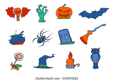 Halloween color icons set drawn with hands. Halloween monochrome icons set drawn with hands Halloween