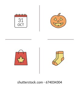 Halloween color icons set. Pumpkin, warm socks, October 31 date, shopping bag with maple leaf. Isolated vector illustrations