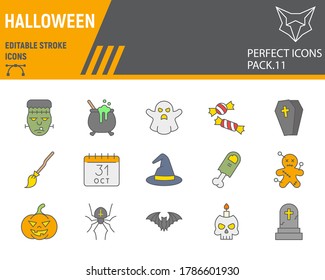 Halloween color line icon set, holiday symbols collection, vector sketches, logo illustrations, halloween icons, horror signs filled outline pictograms, editable stroke