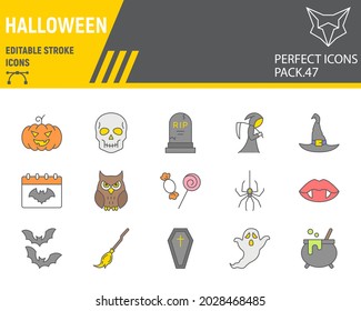 Halloween color line icon set, horror collection, vector graphics, logo illustrations, happy halloween day vector icons, scary signs, filled outline pictograms, editable stroke
