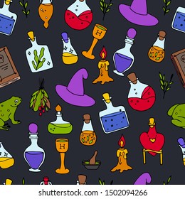 Halloween color magic seamless. Background with objects for ritual. Potion vector pattern.