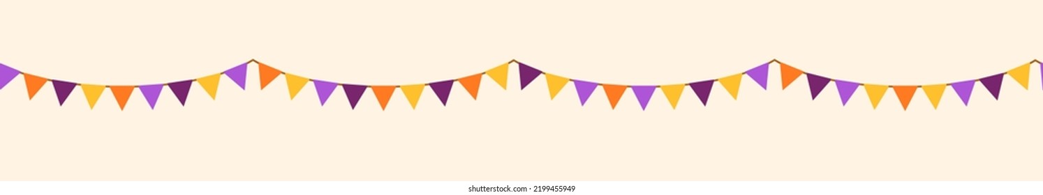 Halloween color retro buntings garlands isolated on white background. Vector illustration. Seamless happy birthday banner, orange fiesta border, violet carnival holiday header