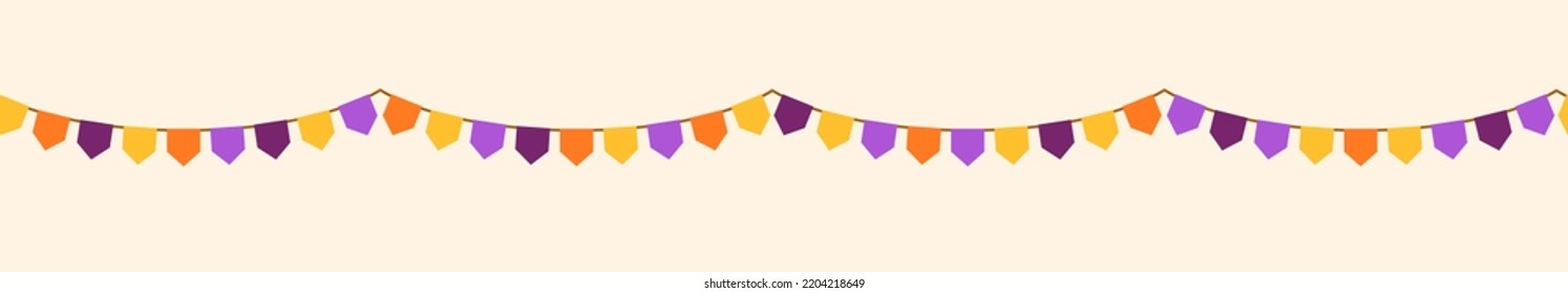 Halloween color retro buntings garlands isolated on white background. Vector illustration. Seamless happy birthday banner, fiesta border, carnival holiday header