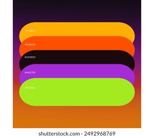 Halloween Color Scheme tiene cinco hermosos colores, una muestra de color, muestras de catálogo y paletas multicolores de moda. Ilustración vectorial