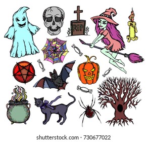 Halloween color set. Halloween set object design isolated element on white background. Vector sketch graphic illustration. Pumpkin, party, holiday, candy, skull, calendar, candle, ghost, cat, witch.