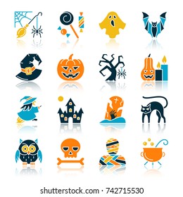 Halloween color silhouette with reflection icon set. Monochrome flat design vector illustration symbol collection. Simple graphic pictogram pack. Web, print, card, flyer, poster, tag, banner concept