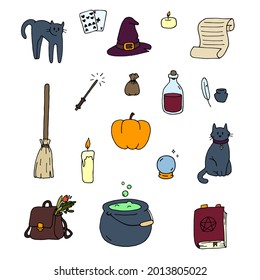 Halloween color vector illustrations set. Magic collection in doodle style. Symbols of mysticism, fortune telling, witch stuff.
