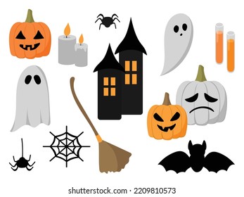 Halloween colored collection. Pumpkins, castle, spider, candles, ghosts, bat, broom and potion. Orange, gray and black colors. Autumn illustration. Isolated vector  objects. Holiday. White background.