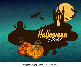 Halloween colored sketch background with night castle silhouette vector illustration