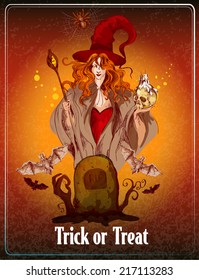 Halloween colored sketch background with witch and bats vector illustration