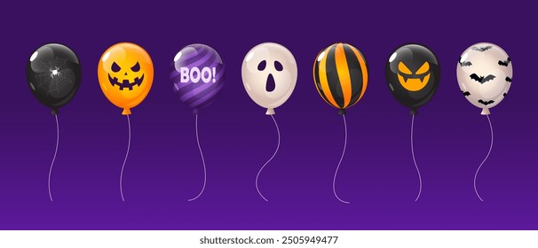 Diseño de globos de aire coloridos de Halloween en estilo de dibujos animados aislados sobre fondo púrpura granulado.