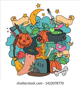 Halloween colorful art in doodle style. Cartoon Halloween decorations, ghost, witch hat, kettle, broomstick, pumpkin and etc. Easy to change color, separated objects.