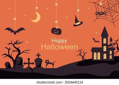 Halloween colorful background with cemetery and scary house. Flat vector illustration isolated on orange background