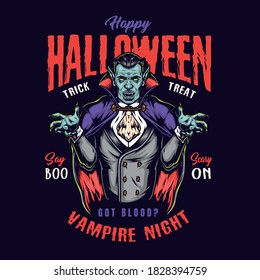 Halloween colorful badge in vintage style with creepy vampire in cape isolated vector illustration