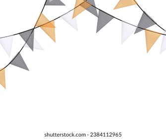 Halloween colorful bunting garlands with flags made of shredded pieces of fabric. Decorative colorful party pennants for festival, party, birthday celebration. Holiday background with hanging flags. 