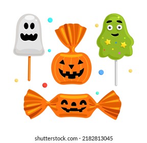 Halloween colorful candy icons. Lollipops, candies for holiday design. Vector illustration.