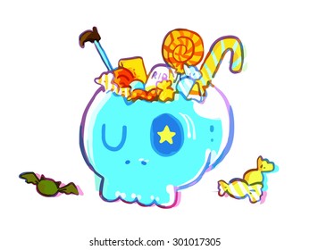 Halloween colorful candy in skull basket hand drawing cartoon illustration vector