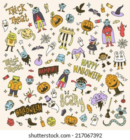 Halloween colorful creatures doodle mega set. Hand drawn vector illustration.