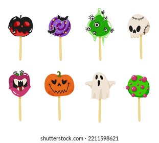 Halloween colorful cute candy, sweets, lollipop, trick o treat. Halloween set for web, mobile, decoration, kids celebration, party, labels for drink o food, coloring page, invitation. Outline Vector.