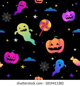 Halloween colorful cute funny creepy doodles semless vector pattern. scary ghost, sweets,  pumpkin and spider web.