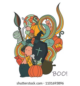 Halloween  colorful doodle illustration. Holiday art with cute characters and objects. Pumpkins, doodle waves and ghosts in flat vector.