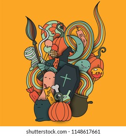 Halloween  colorful doodle illustration. Holiday art with cute characters and objects. Pumpkins, doodle waves and ghosts in paper cut style on yellow background.