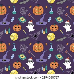 Halloween colorful doodle pattern. Vector seamless background with autumn holiday symbols jack lanterns, web, bat, witch hat. Repeat illustration with hand drawn Halloween elements. 