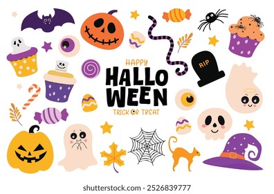 Halloween colorful elements vector set design. Happy halloween with pumpkins, ghost, cup cake, bat and cat flat colorful elements collection isolated in white background. Vector illustration